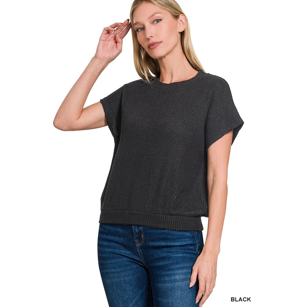 293-S Zenana Waffle Knit Sweater Top Women Black Short Sleeve Relaxed
